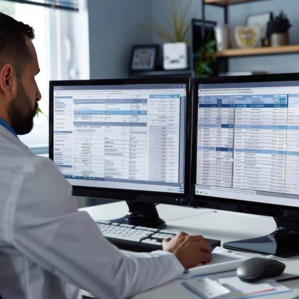 Efficient Healthcare Administration Medical Billing Specialist Processing Insurance Claims on Dual Monitors